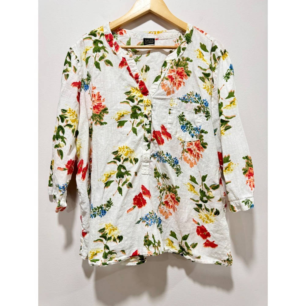 Salon Studio Floral Linen Texture Tunic Top 3/4 Sleeve White Multi Color XL/2XL